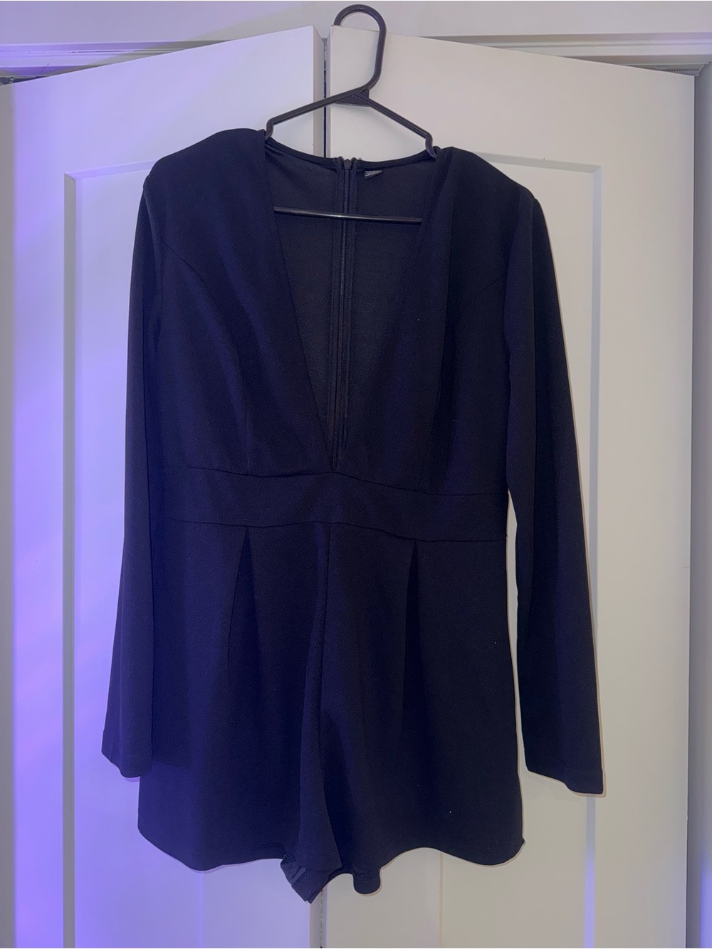 Plunge Neck Long Sleeve Black Romper